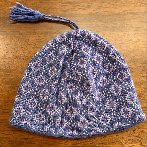 VTG Nordic Fair Isle Wool Tassel Beanie Purple Knit Ski Hat Winter Y2K Aesthetic - Picture 7 of 7
